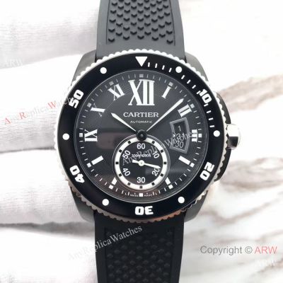 Swiss Replica Calibre De Cartier Diver Black PVD Watch Silver Fluted Bezel